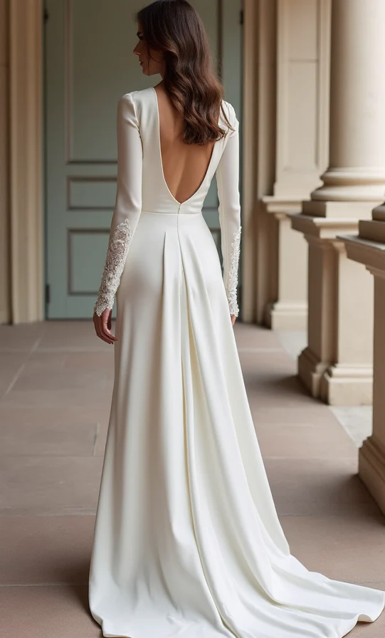 Regal White A-Line Wedding Dress with Dramatic Train and Beaded Bodice - Image 3