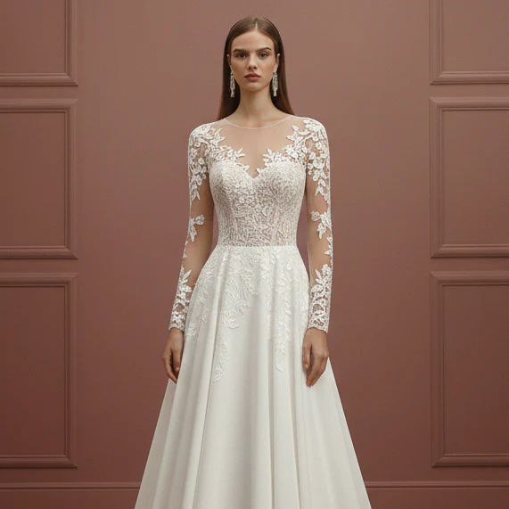 Winter Sleeve Wedding Dress Thick Fabric Long Velvet Accents - Image 4