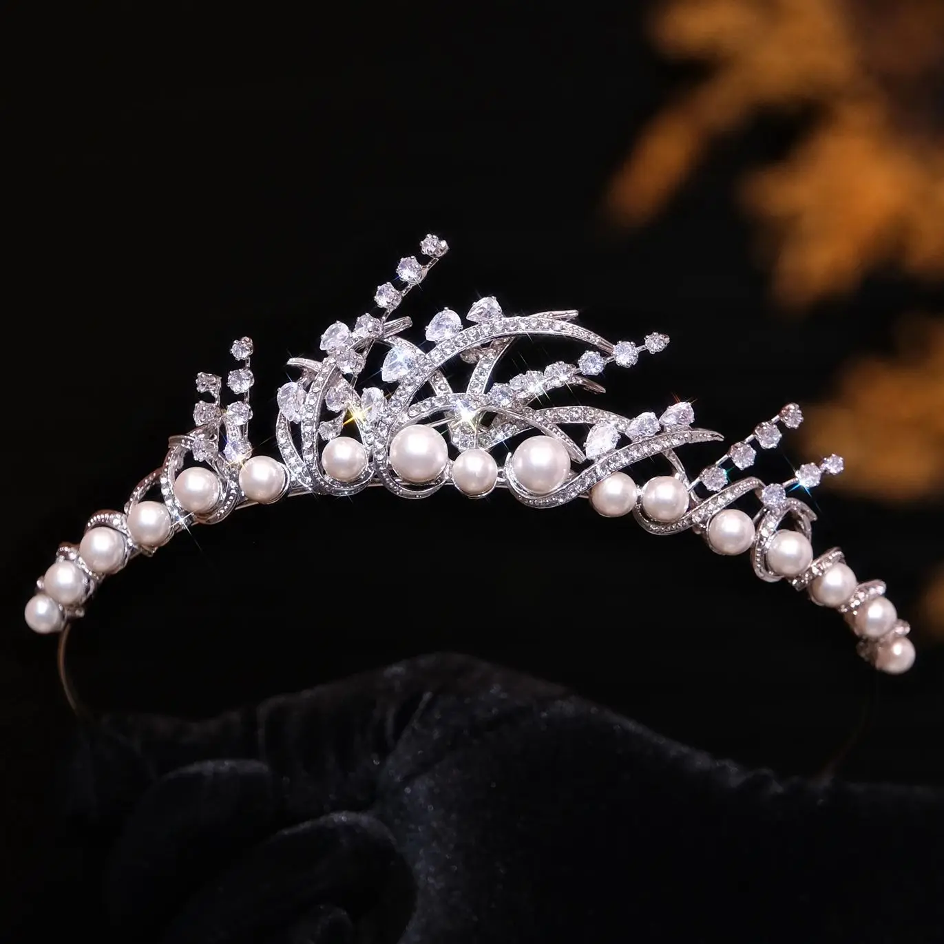 Rhinestones Zircon Tiaras and Crowns Pearl Zirconia Headband For Brides Women Diadem Bridal Jewelry Wedding Hair Accessories
