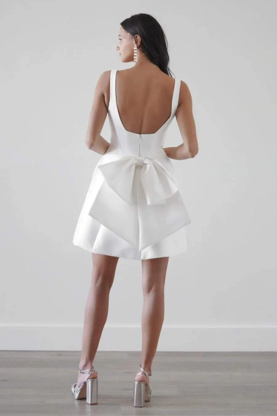 Short Mini Satin Wedding Dress Square Collar Removable Bow Robe De Mariee Spaghetti Straps Backless A-line Bride Party - Image 7