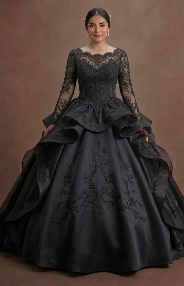 Romantic Black Quinceañera Dress Chantilly Lace Overlay - Image 2