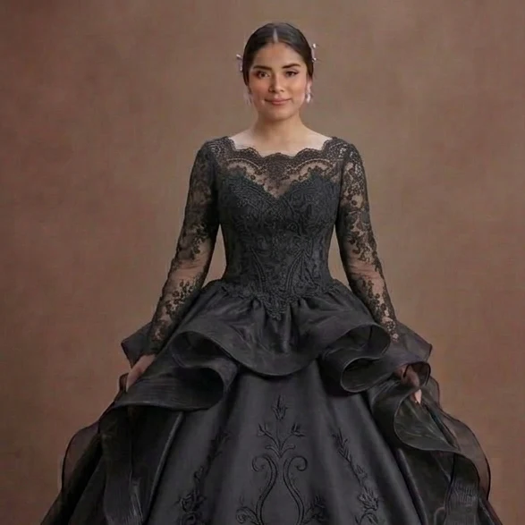 Romantic Black Quinceañera Dress Chantilly Lace Overlay - Image 4
