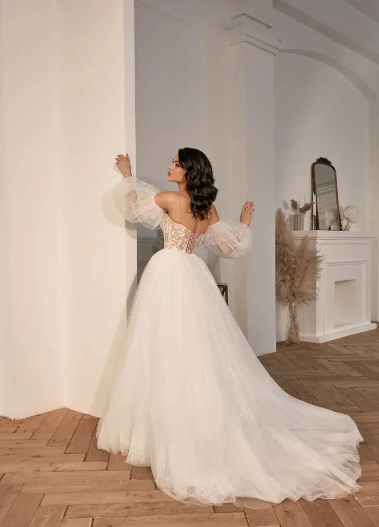 Romantic Illusion Sweetheart Neck Mesh Dress Bride Gown Sexy Backless Puff Sleeve Lace Wedding Dresses - Image 2