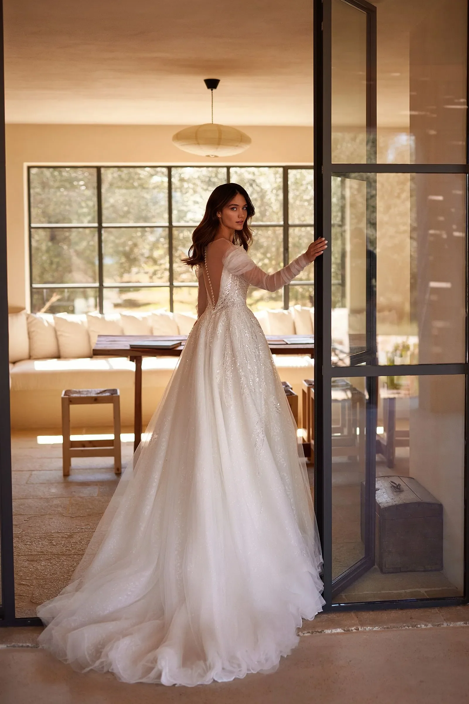 Romantic Scoop Neck Long Sleeve A-Line Wedding Dress Sequined Appliques Lace Court Train Princess Bridal Gown Customized - Image 2