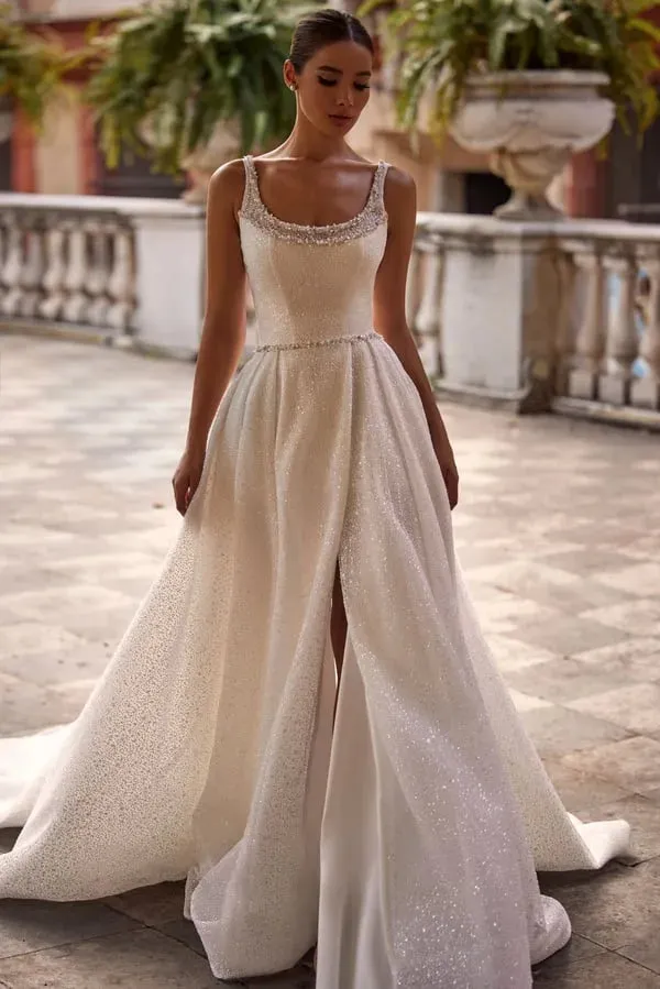 Romantic Sequined Wedding Dresses for Women Slit Sleeveless Pleat Engagement Party Chapel Train Bridal Gown Customised - Image 3
