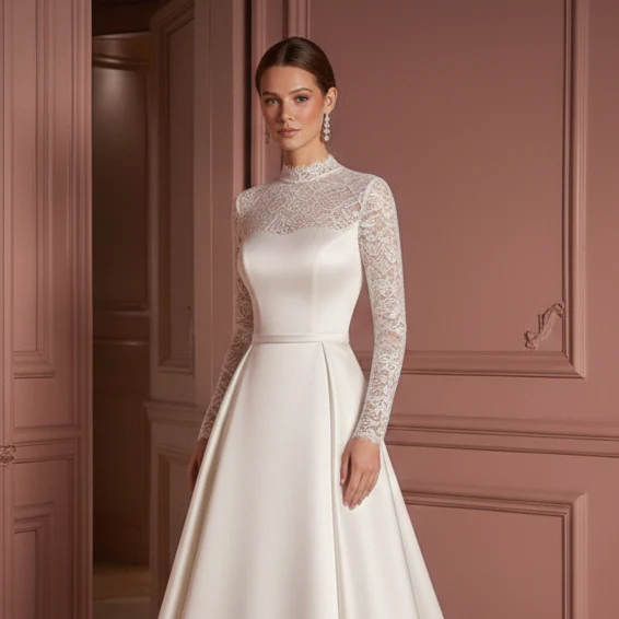 Modest High Neck Wedding Dress Long Sleeve Classic Style - Image 4