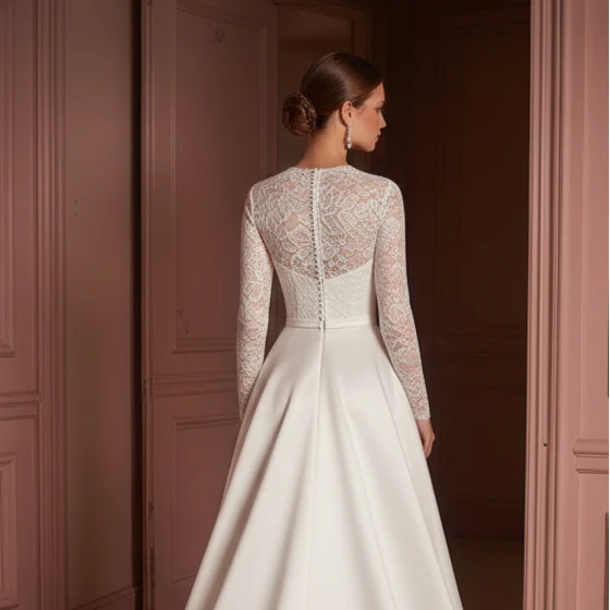 Modest High Neck Wedding Dress Long Sleeve Classic Style - Image 5
