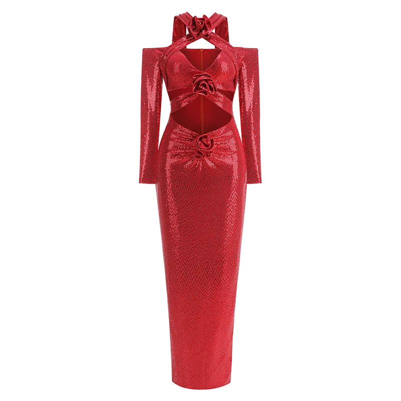 Rosered Color Women Long Sleeve Sexy Keyholes Shinning Sequins Bodycon Long Dress Evening Party Celebrate Cocktail Dress - Image 5