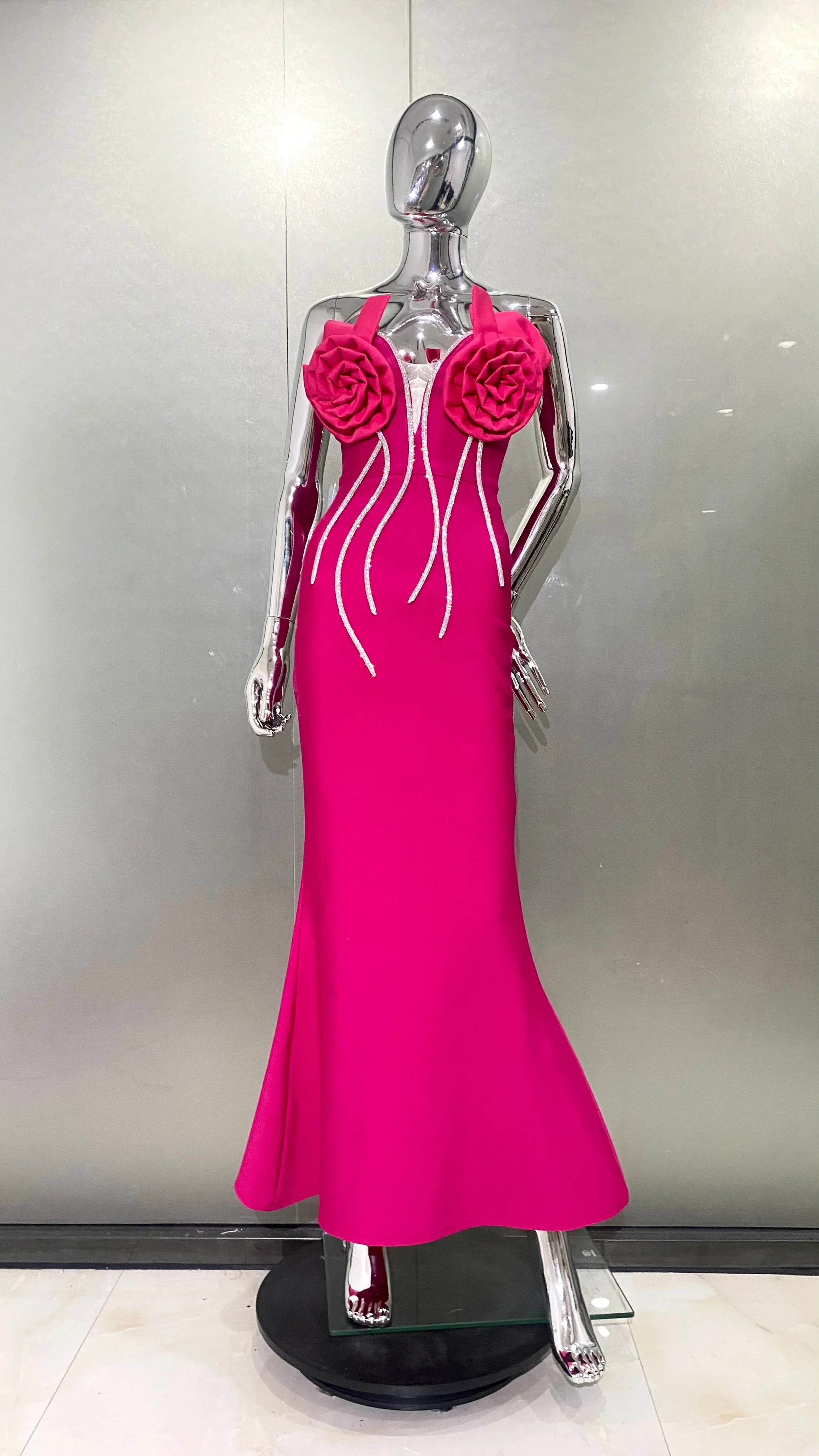 Rosered Color Women Sexy Florals Off the Shoulder Bodycon Bandage Long Dress Celebrate Evening Party Birthday Dress Outfit - Image 2