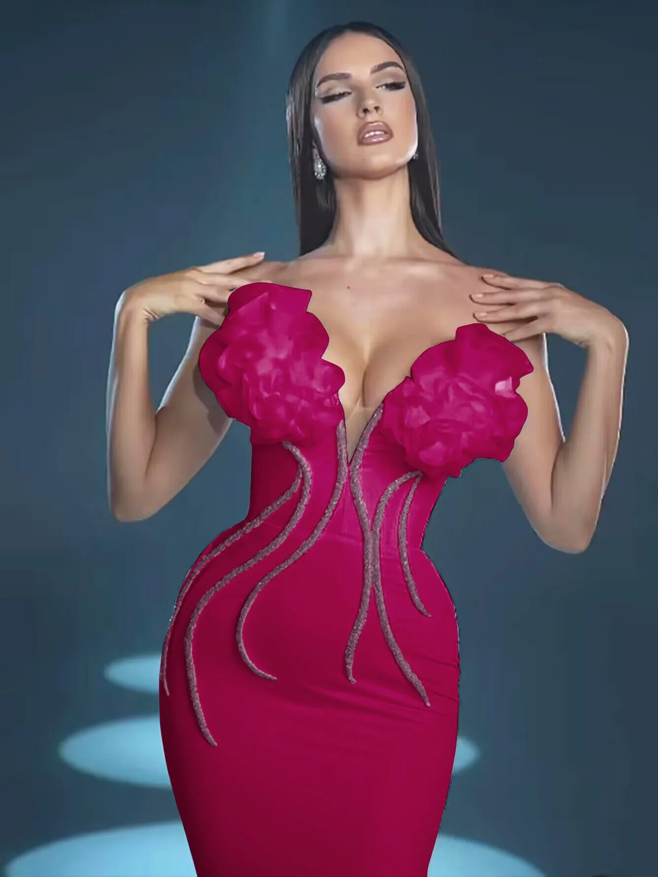 Rosered Color Women Sexy Florals Off the Shoulder Bodycon Bandage Long Dress Celebrate Evening Party Birthday Dress Outfit - Image 6