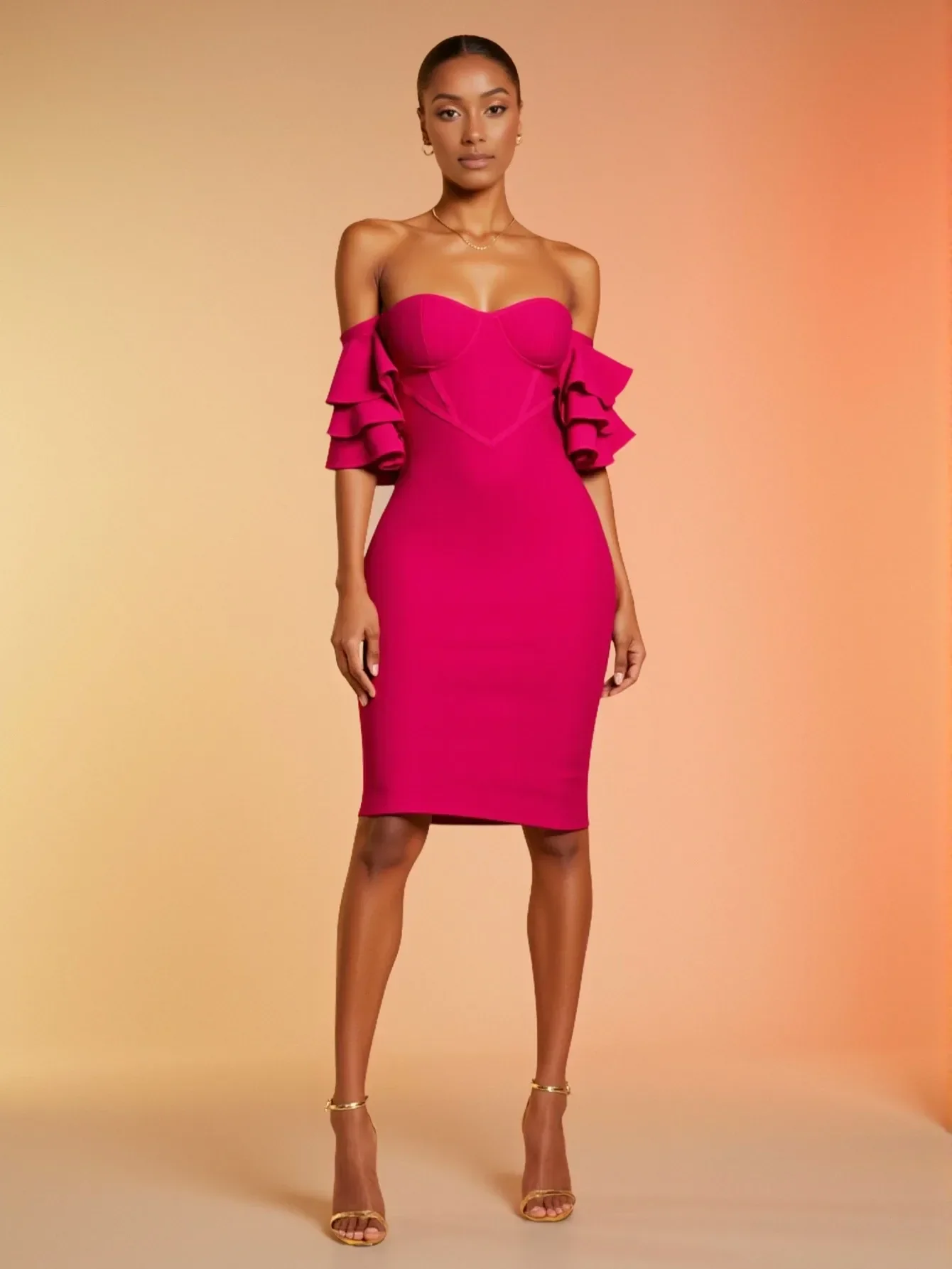 Rosered Color Women Sexy Strapless Ruffles Bodycon Mini Bandage Dress Birthday Party Celebrate Cocktail Dress Vestido