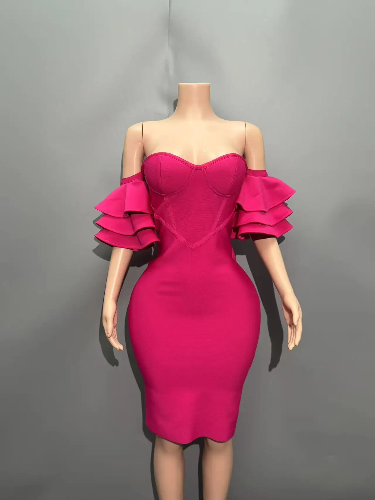Rosered Color Women Sexy Strapless Ruffles Bodycon Mini Bandage Dress Birthday Party Celebrate Cocktail Dress Vestido - Image 3