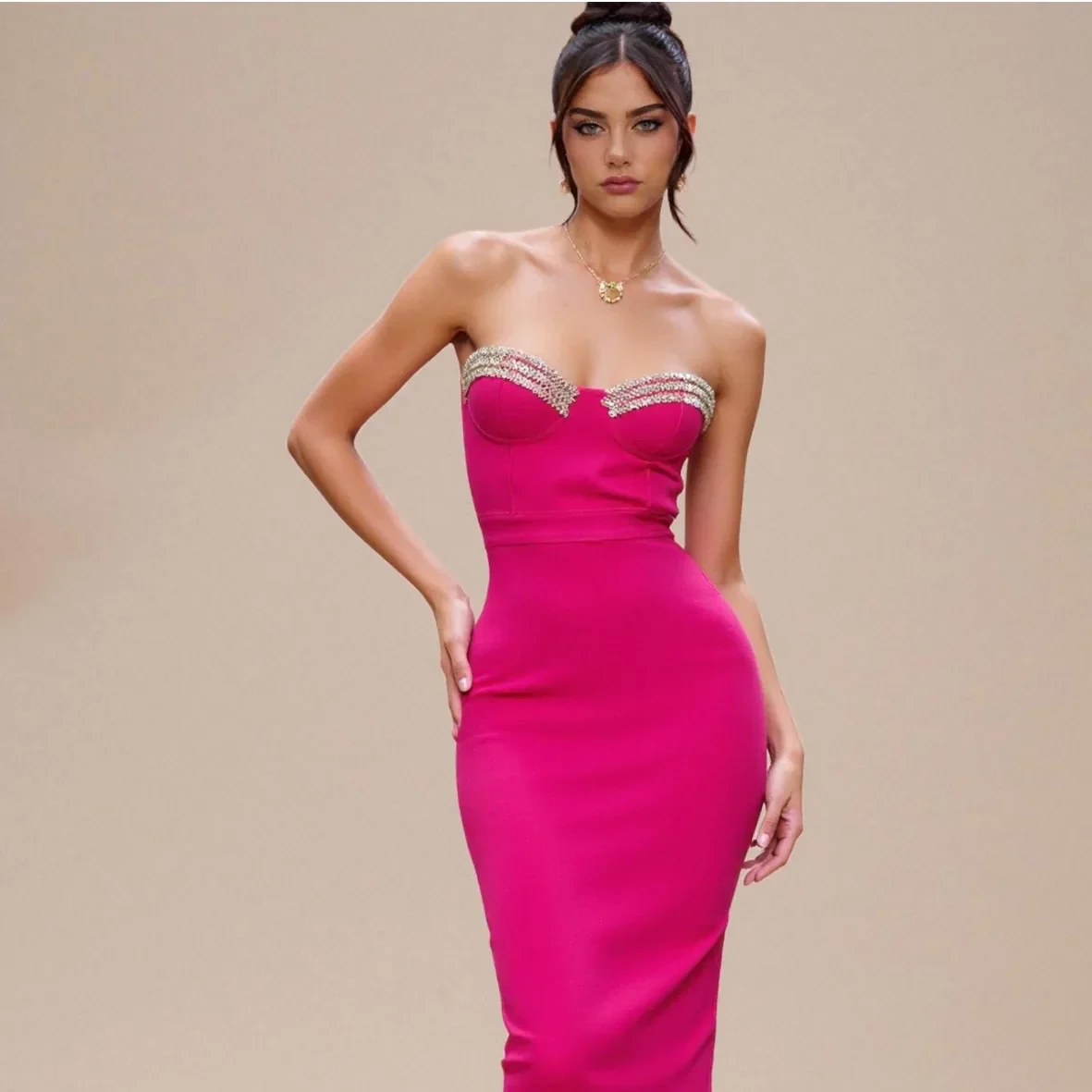 Rosered Color Women Sexy Strapless Shinning Crystal Bodycon Bandage Mid-calf Dress Nightclub Party Celebrate Birthday Outfit - Image 2
