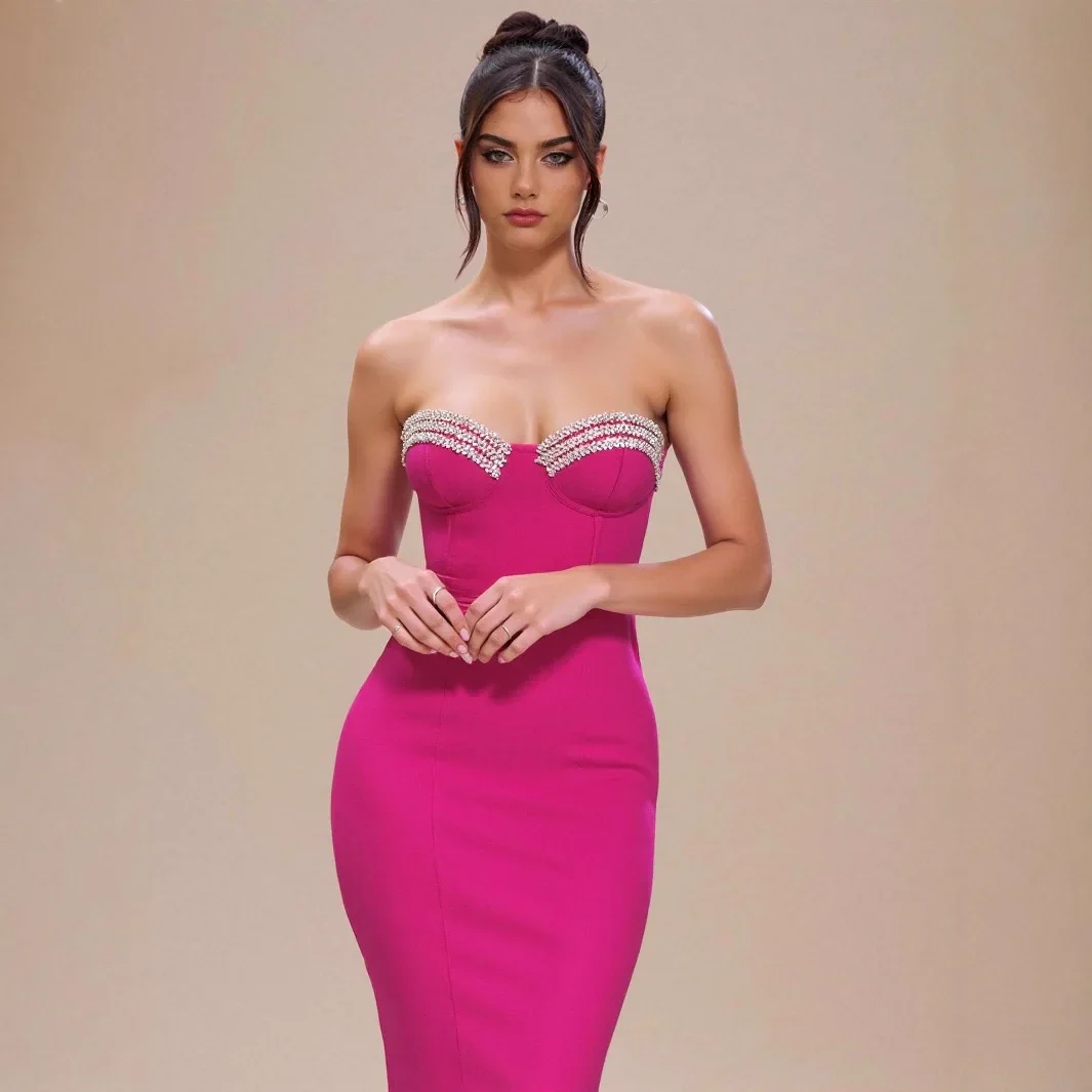 Rosered Color Women Sexy Strapless Shinning Crystal Bodycon Bandage Mid-calf Dress Nightclub Party Celebrate Birthday Outfit - Image 3