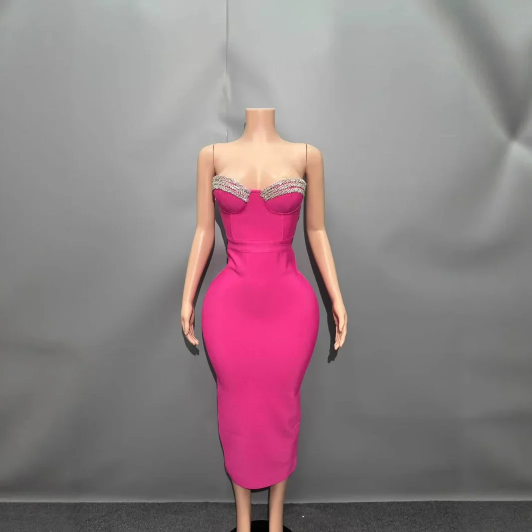 Rosered Color Women Sexy Strapless Shinning Crystal Bodycon Bandage Mid-calf Dress Nightclub Party Celebrate Birthday Outfit - Image 4