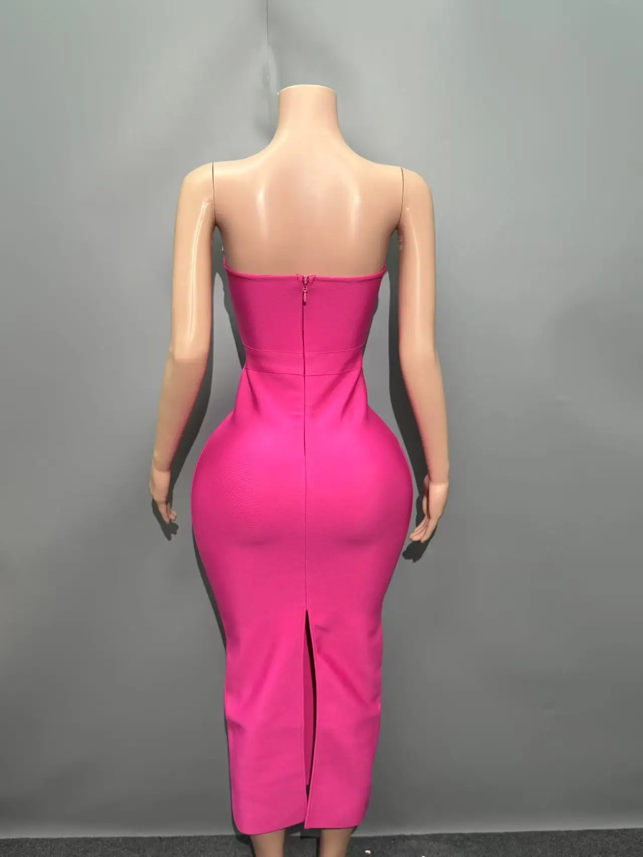 Rosered Color Women Sexy Strapless Shinning Crystal Bodycon Bandage Mid-calf Dress Nightclub Party Celebrate Birthday Outfit - Image 6