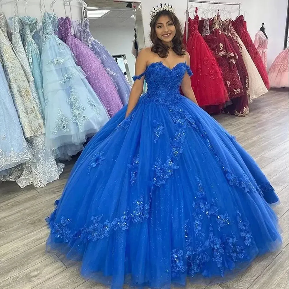 Royal Blue Off-Shoulder Ball Gown Quinceanera Dress Vestidos De 15 Anos Fashion 3D Flower Tulle Princess Party Gown