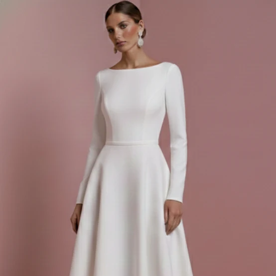 Civil Sleeve Wedding Dress Simple Long Short Train Minimal - Image 4