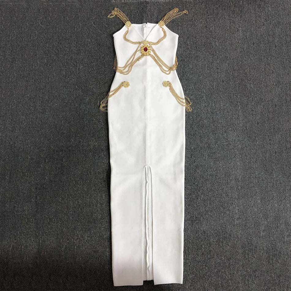 Runway Fashion Maxi Long Bandage Dress Open Fork Chains Strap Fashion Beading Bandage Dress Cocktail Party Bodycon Dresses 2025 - Image 11