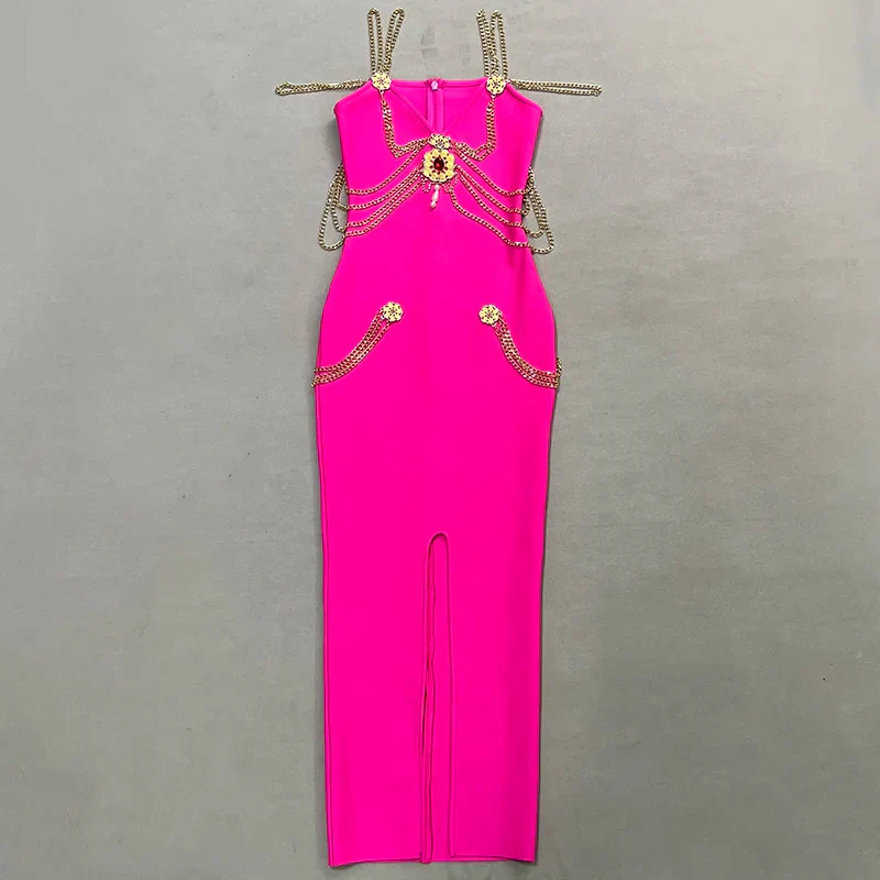 Runway Fashion Maxi Long Bandage Dress Open Fork Chains Strap Fashion Beading Bandage Dress Cocktail Party Bodycon Dresses 2025 - Image 4