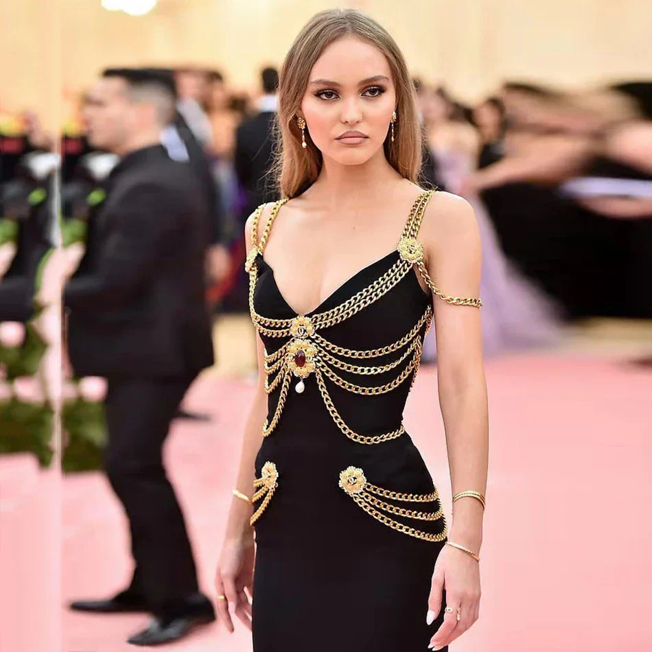 Runway Fashion Maxi Long Bandage Dress Open Fork Chains Strap Fashion Beading Bandage Dress Cocktail Party Bodycon Dresses 2025 - Image 6