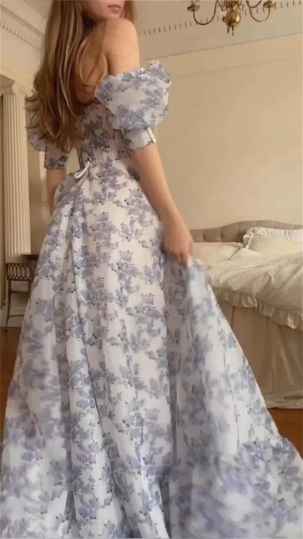 Sansa Sweet Blue And White Porcelain Vestidos De Noche Sexy Puffy Sleeve A-line Prom Dress - Image 2