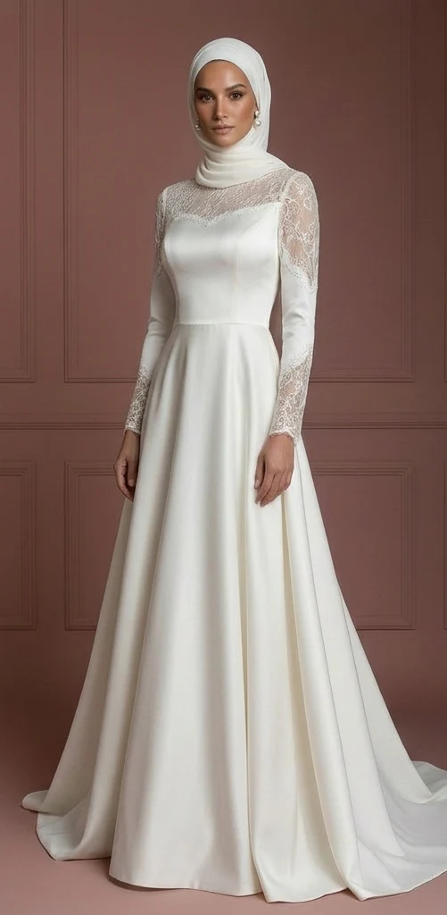 Satin A-Line Modest Wedding Dress – Perfect Hijab-Friendly Nikah Outfit Muslim - Image 2