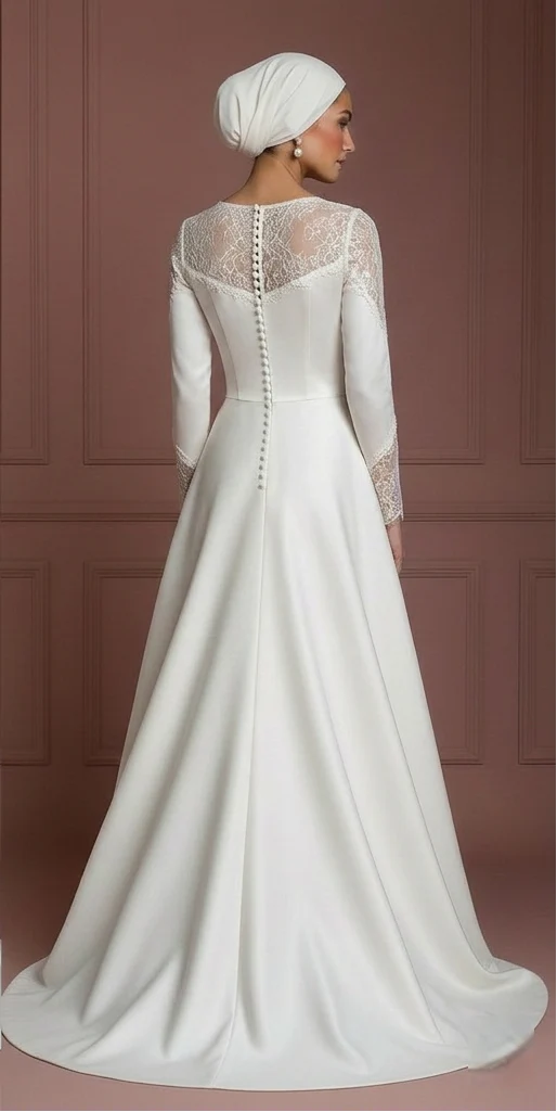 Satin A-Line Modest Wedding Dress – Perfect Hijab-Friendly Nikah Outfit Muslim - Image 3
