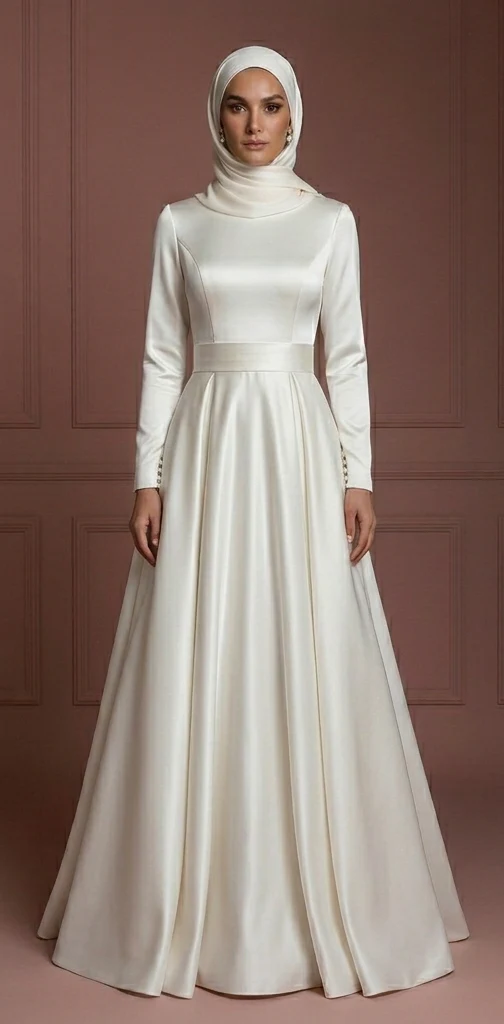 Satin A-Line Nikah Wedding Dress – Ivory Modest Muslim Gown - Image 2