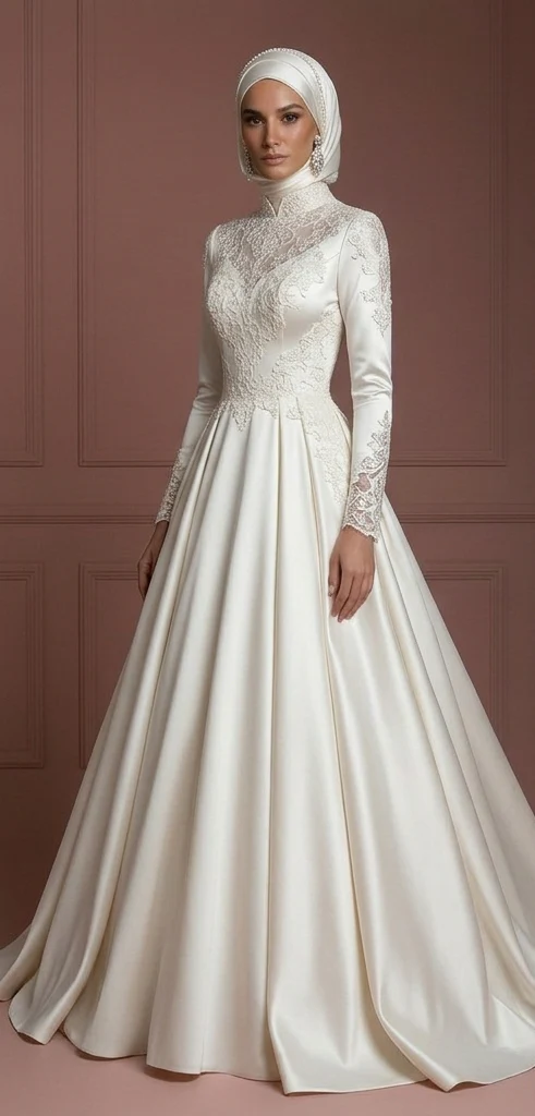 Satin Ball Gown for Muslim Brides – Modest Ivory Hijab Wedding Dress - Image 2