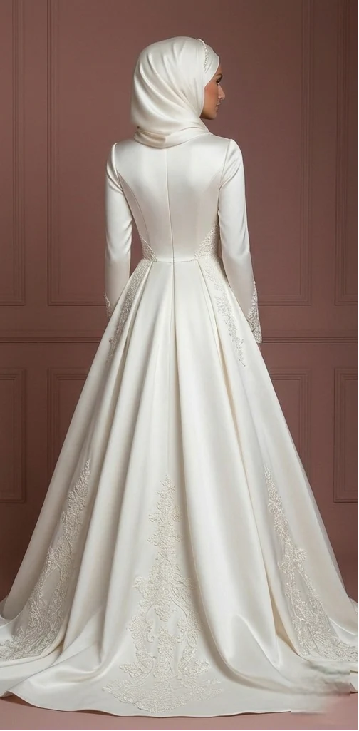 Satin Ball Gown for Muslim Brides – Modest Ivory Hijab Wedding Dress - Image 3