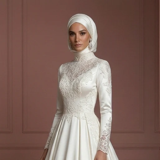 Satin Ball Gown for Muslim Brides – Modest Ivory Hijab Wedding Dress - Image 4