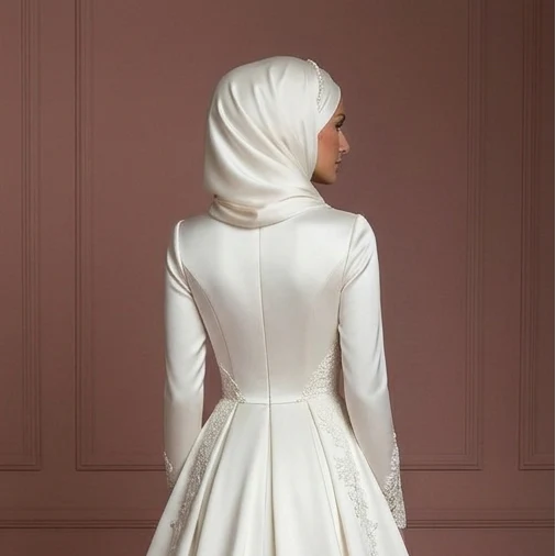 Satin Ball Gown for Muslim Brides – Modest Ivory Hijab Wedding Dress - Image 5