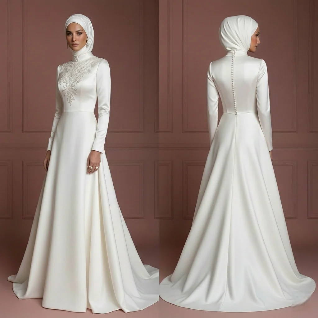 Satin Elegant A-Line Wedding Dress – Pearl White Hijab Outfit Muslim