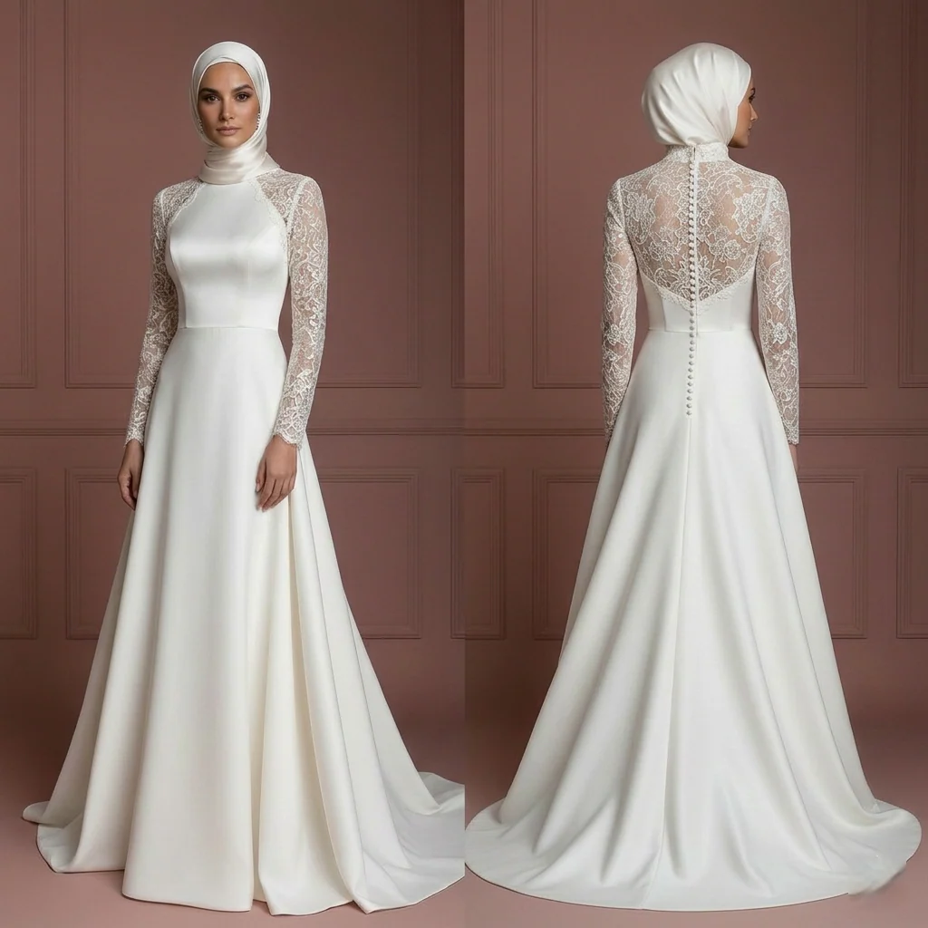 Satin Hijab Wedding Dress – Elegant Ivory A-Line for Modest Brides Muslim