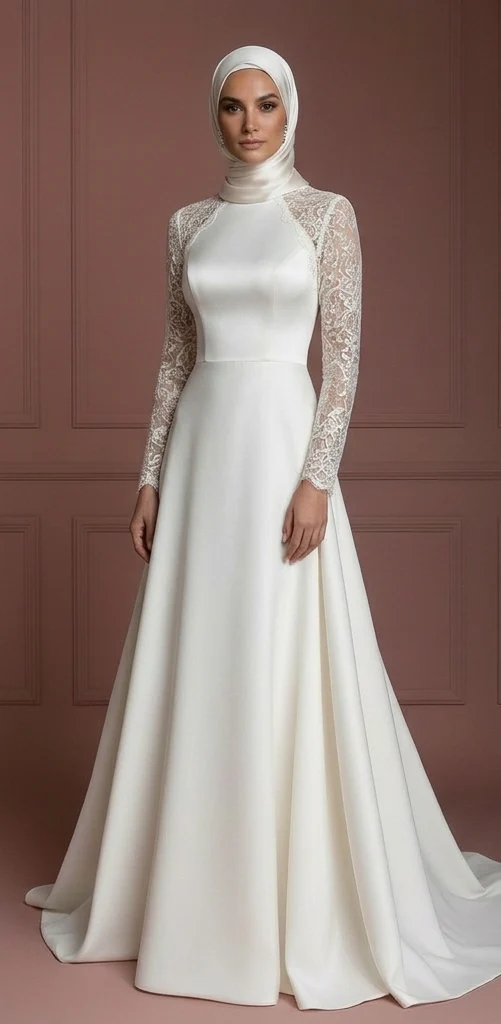 Satin Hijab Wedding Dress – Elegant Ivory A-Line for Modest Brides Muslim - Image 2