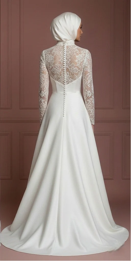 Satin Hijab Wedding Dress – Elegant Ivory A-Line for Modest Brides Muslim - Image 3