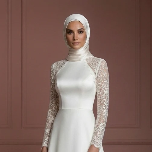 Satin Hijab Wedding Dress – Elegant Ivory A-Line for Modest Brides Muslim - Image 4