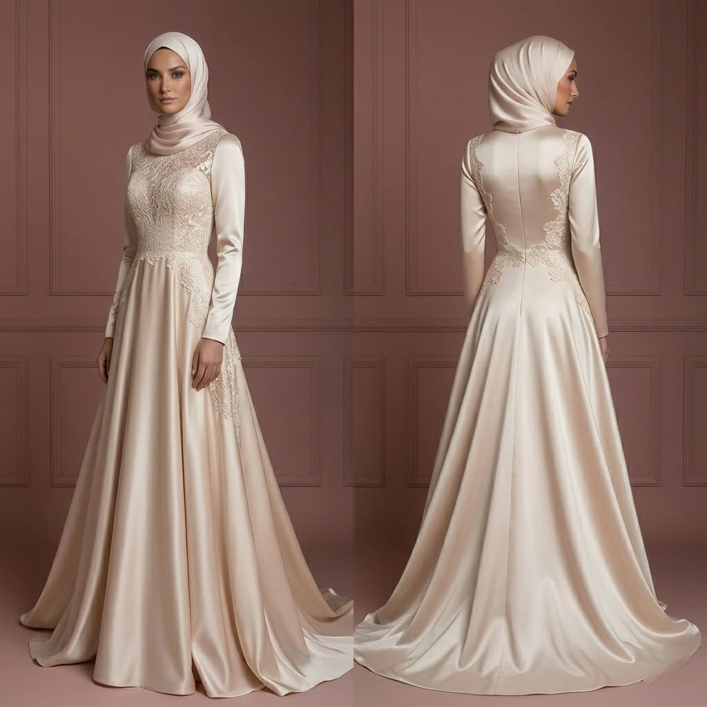 Satin & Lace Flowing Wedding Dress – Soft Champagne Hijab Style Muslim