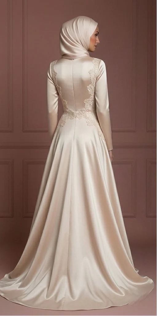 Satin & Lace Flowing Wedding Dress – Soft Champagne Hijab Style Muslim - Image 3