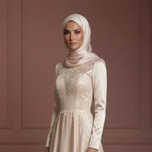Satin & Lace Flowing Wedding Dress – Soft Champagne Hijab Style Muslim - Image 4