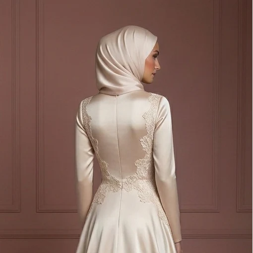 Satin & Lace Flowing Wedding Dress – Soft Champagne Hijab Style Muslim - Image 5