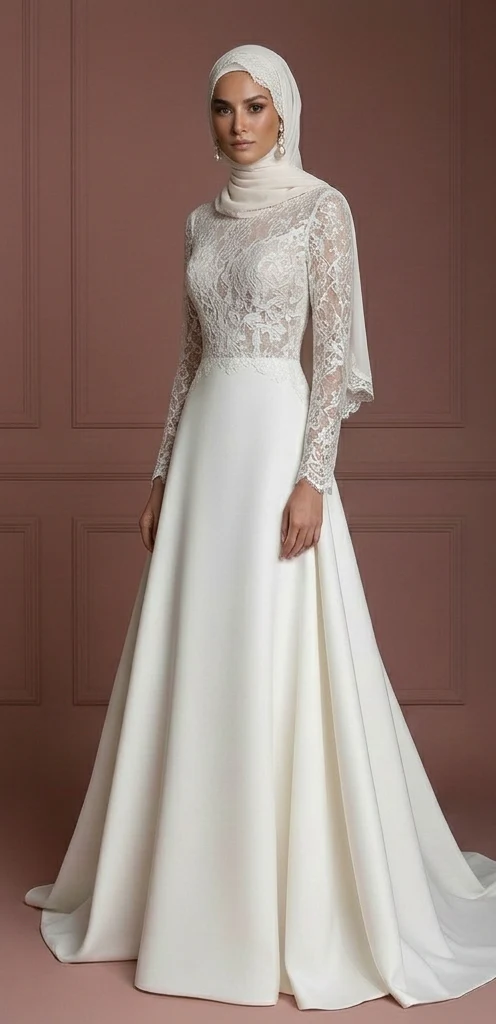 Satin & Lace Modest Muslim Wedding Dress – Ivory Elegance for Your Big Day - Image 2
