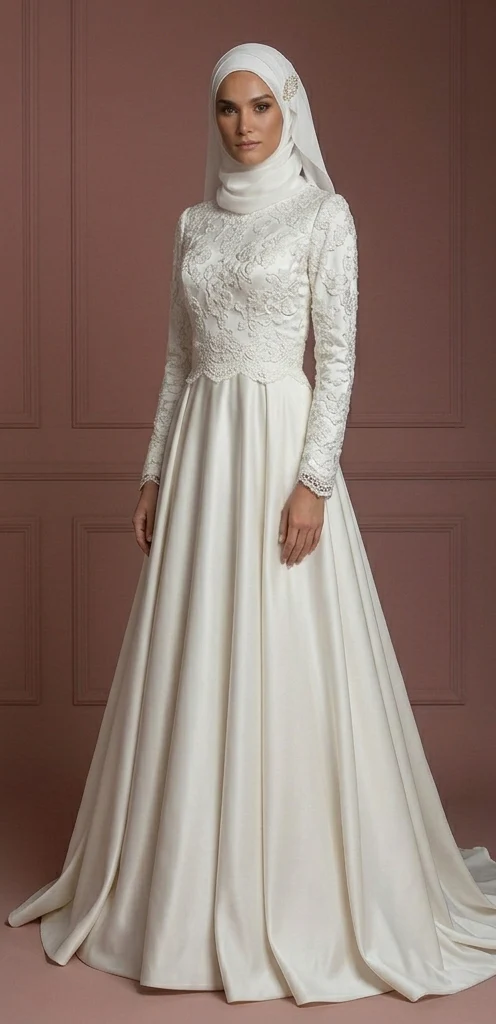 Satin Long Sleeve Bridal Wedding Dress – Soft White Modest Muslim Outfit - Image 2