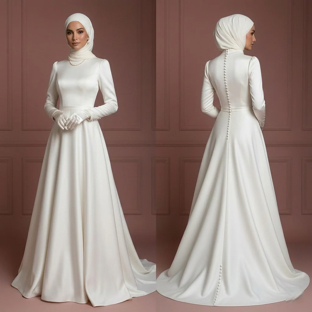 Satin Long Sleeve Nikah Wedding Dress – Elegant Ivory Muslim Outfit
