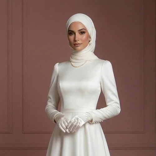 Satin Long Sleeve Nikah Wedding Dress – Elegant Ivory Muslim Outfit - Image 4