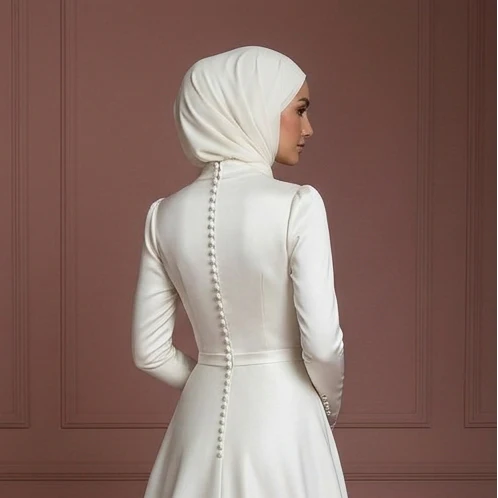 Satin Long Sleeve Nikah Wedding Dress – Elegant Ivory Muslim Outfit - Image 5