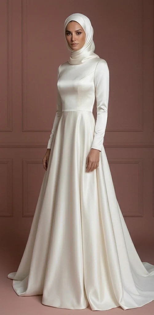 Satin Long Sleeve Wedding Dress – Ivory Hijab-Friendly Elegance Muslim - Image 2