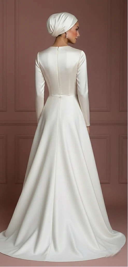 Satin Long Sleeve Wedding Dress – Ivory Hijab-Friendly Elegance Muslim - Image 3