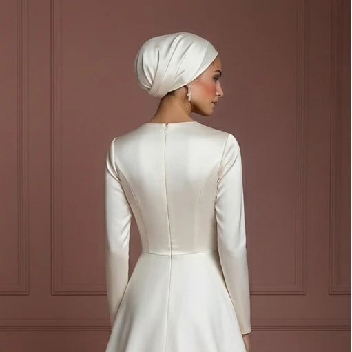 Satin Long Sleeve Wedding Dress – Ivory Hijab-Friendly Elegance Muslim - Image 5